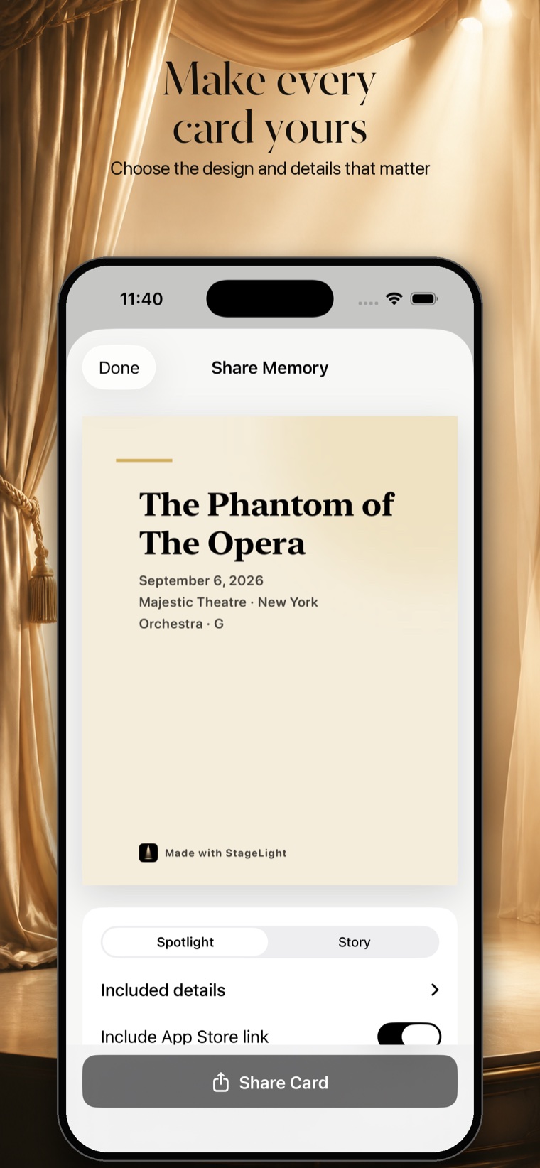 Customizing a theatre memory card in StageLight